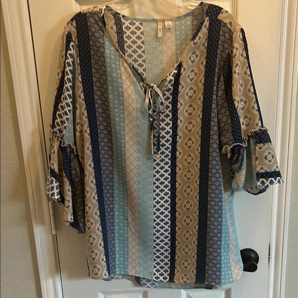 Cato Blue and Black Tie Front 3/4 Sleeve Blouse